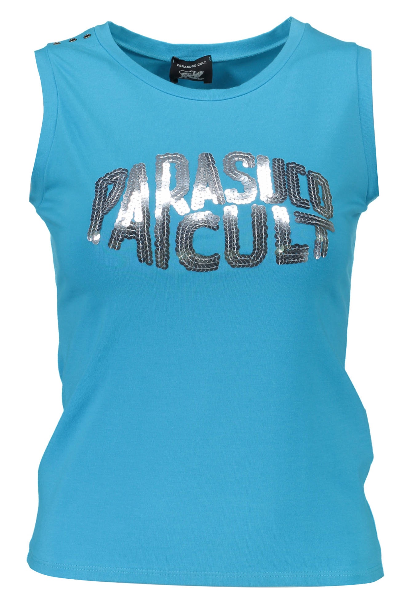 Y23B_AZZURRO_0507 – Damen Tanktop Blau: Ärmelloses Top mit Pailletten & Rundhals – Größe: I – Farbe: Azzurro