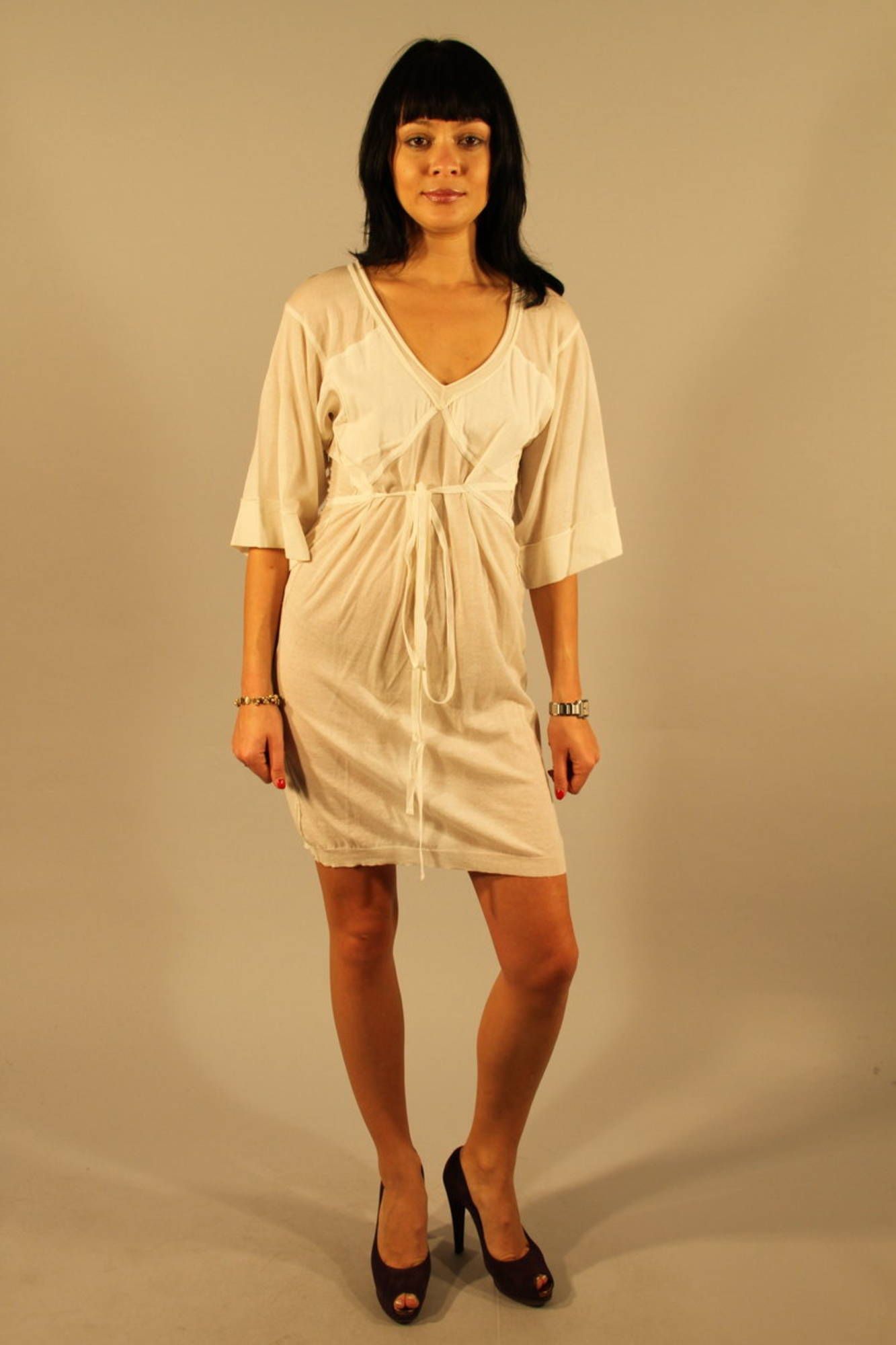 2A0308T9999_BIANCO_00000 – Elegantes Weißes Kurzarmkleid mit V-Ausschnitt und Details für Damen – Größe: I – Farbe: Bianco