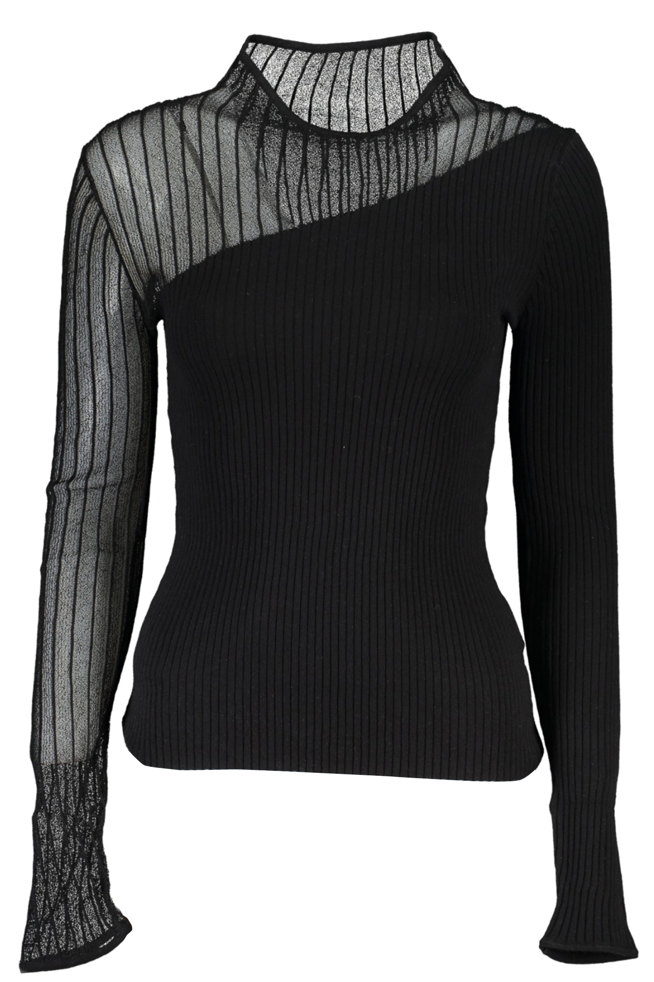 2K0215K143_NEK103NERO – Elegantes Damen-Langarmshirt in Schwarz mit Kontrastdetails – Größe: XS, S – Farbe: Nero