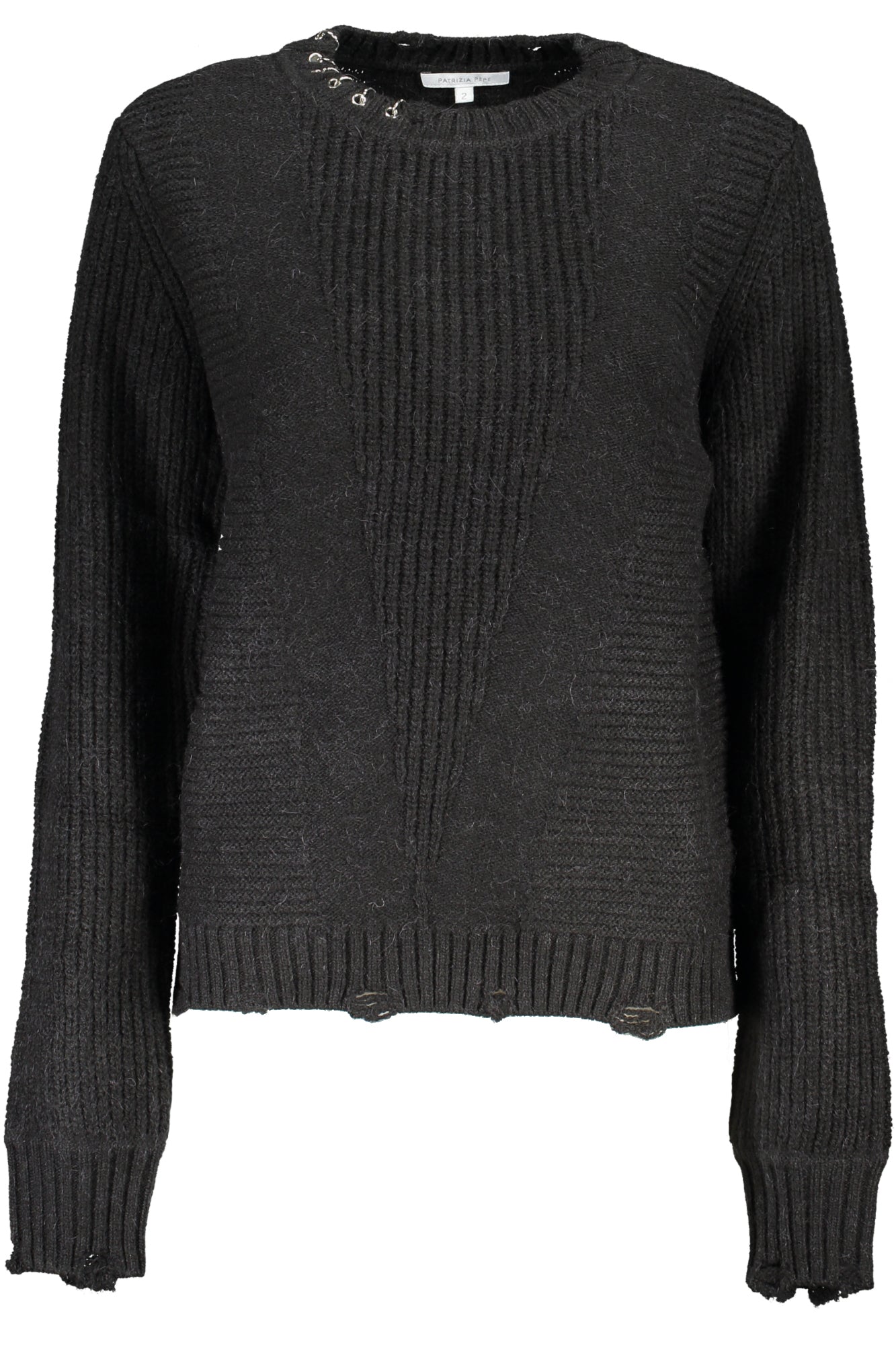 2K0196K138_NEK103NERO – Eleganter Damenpullover Schwarz - Langarm, Rundhals, Kontrastdetails – Größe: XS, S, M – Farbe: Nero