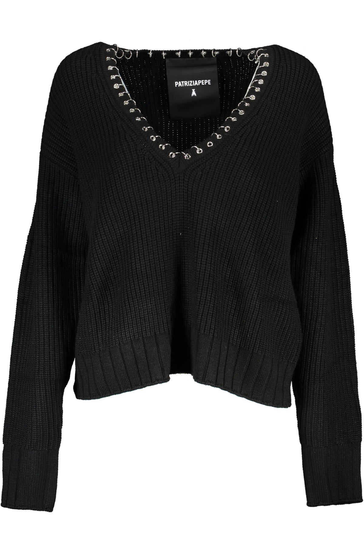 2K0219K134_NEK103NERO – Eleganter Damenpullover in Schwarz mit V-Ausschnitt & Kontrastdetails – Größe: XS, S, M – Farbe: Nero