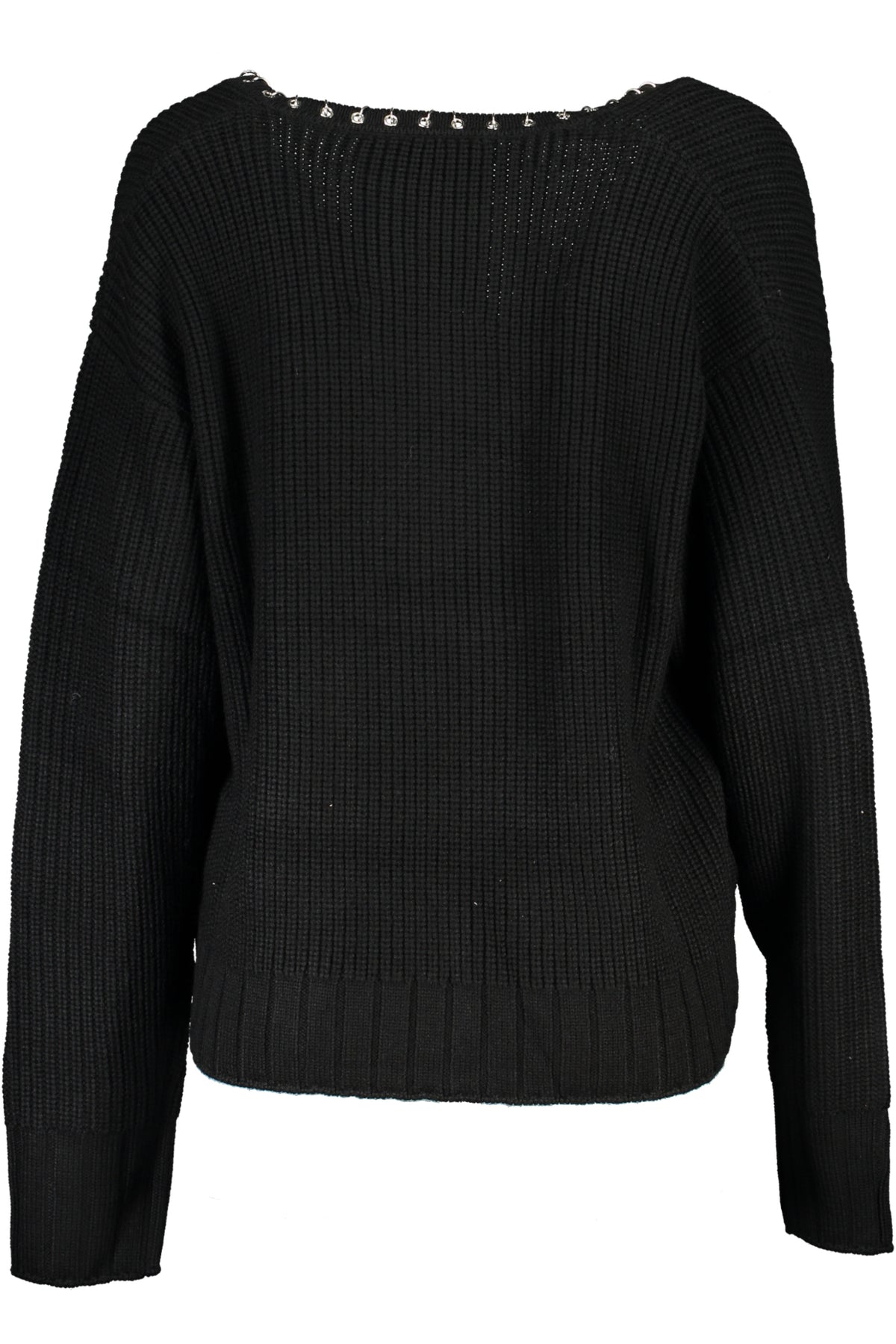 2K0219K134_NEK103NERO – Eleganter Damenpullover in Schwarz mit V-Ausschnitt & Kontrastdetails – Größe: XS, S, M – Farbe: Nero