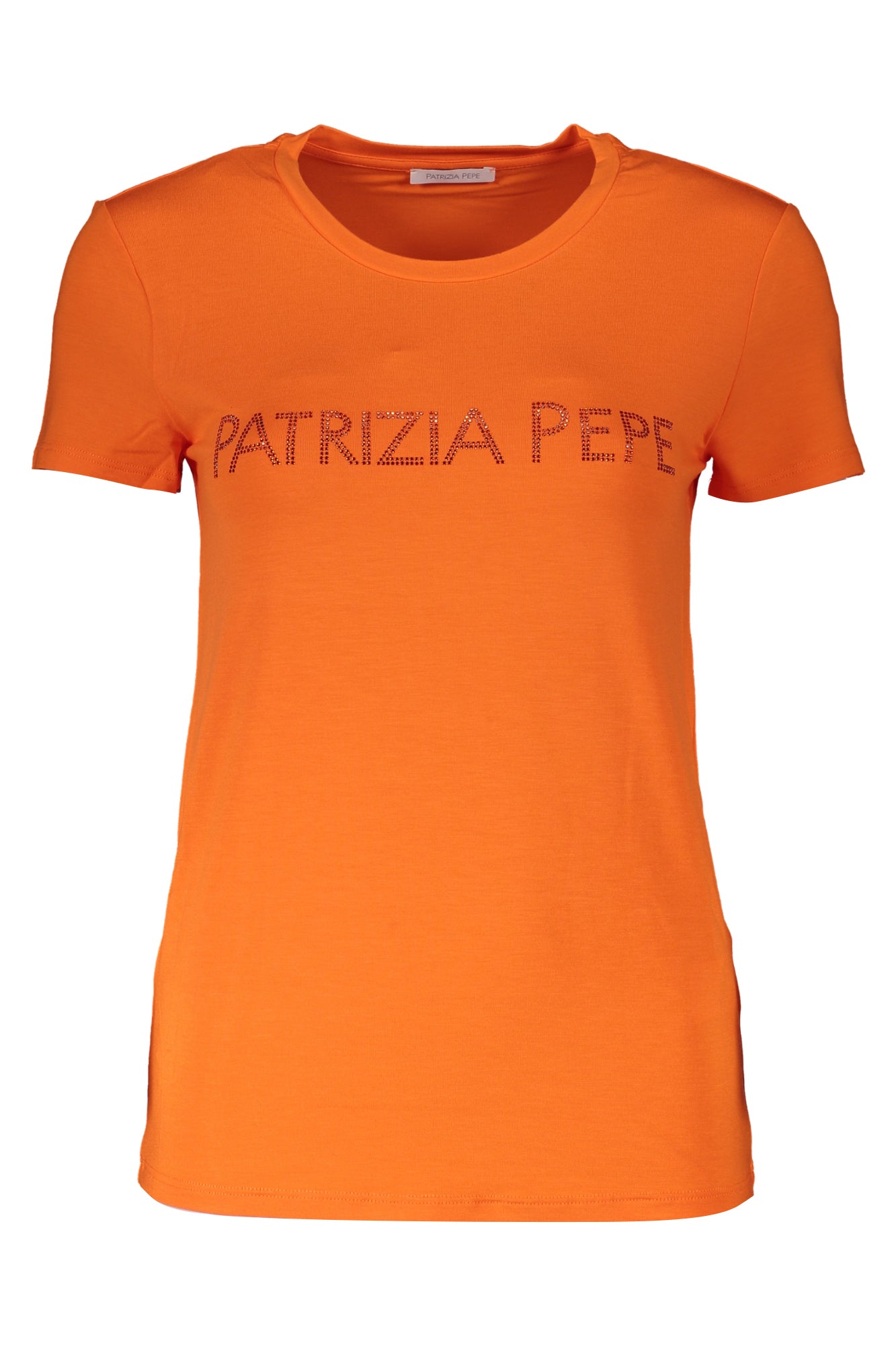 CM1419J013_ARR825 – Elegantes Damen T-Shirt Orange aus Bio-Baumwolle mit Strassapplikation – Größe: XS, S, M, L – Farbe: Arancione