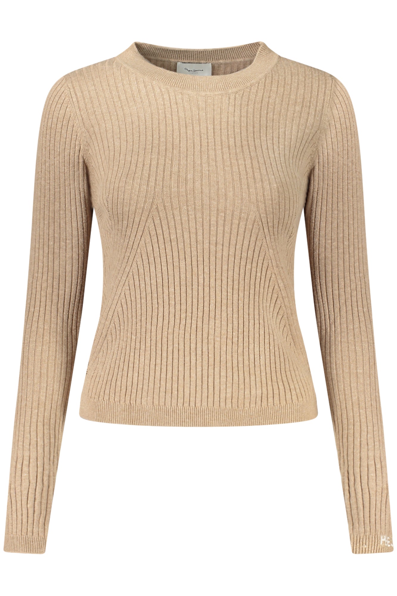 PL7000025CARLACREW_BE844 – Beigefarbener Damenpullover mit Rundhalsausschnitt und Stickerei – Größe: XS, S, M, L, XL – Farbe: Beige
