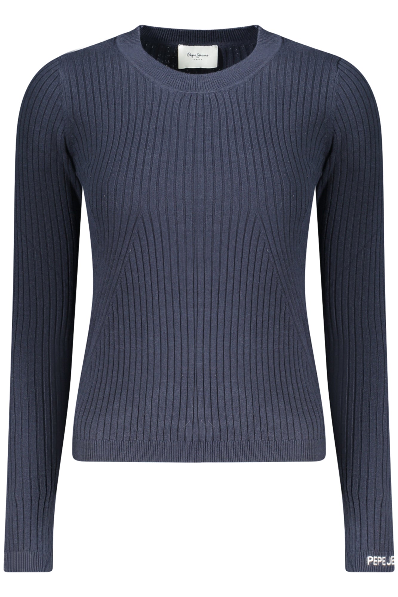 PL7000025CARLACREW_BL594 – Blauer Damenpullover: Strukturierter Langarm mit Stickerei & Kontrastdetails – Größe: XS, S, M, L, XL – Farbe: Blu