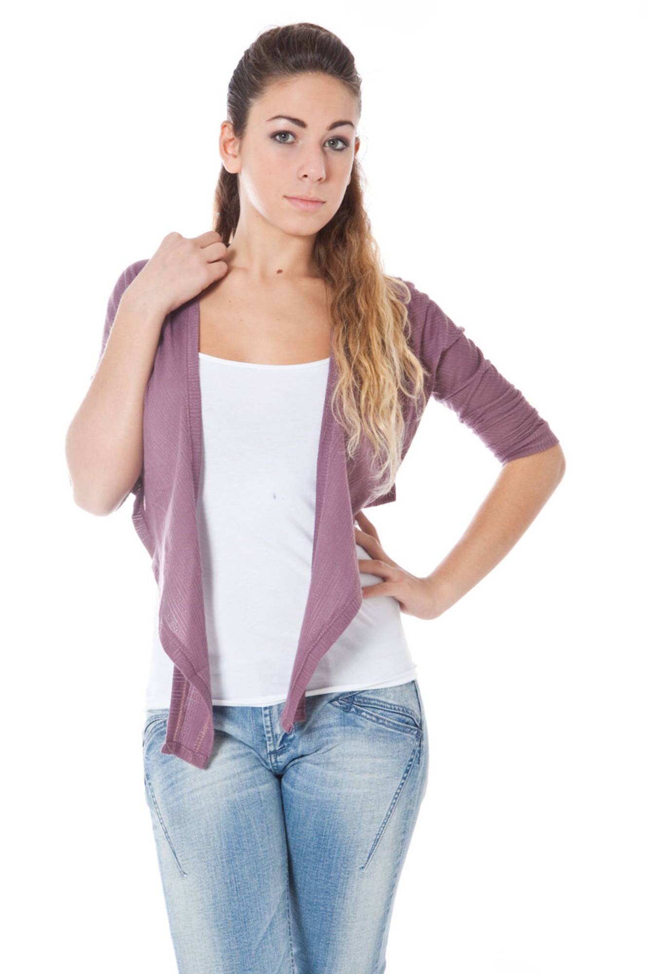 ARANCAUT472008-KRIST_ROSA_9999 – Eleganter rosa Damen-Bolero mit langen Ärmeln und Logodetail – Größe: S – Farbe: Rosa