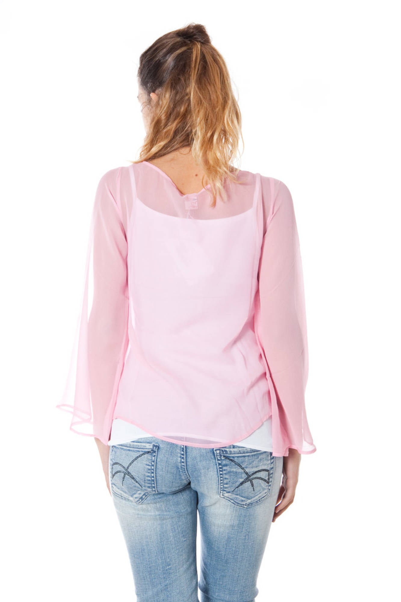 P2300341A04000-PITT_ROSA_1411 – Rosa Damen Langarmshirt mit V-Ausschnitt und Pailletten-Logo – Größe: S, M, L – Farbe: Rosa