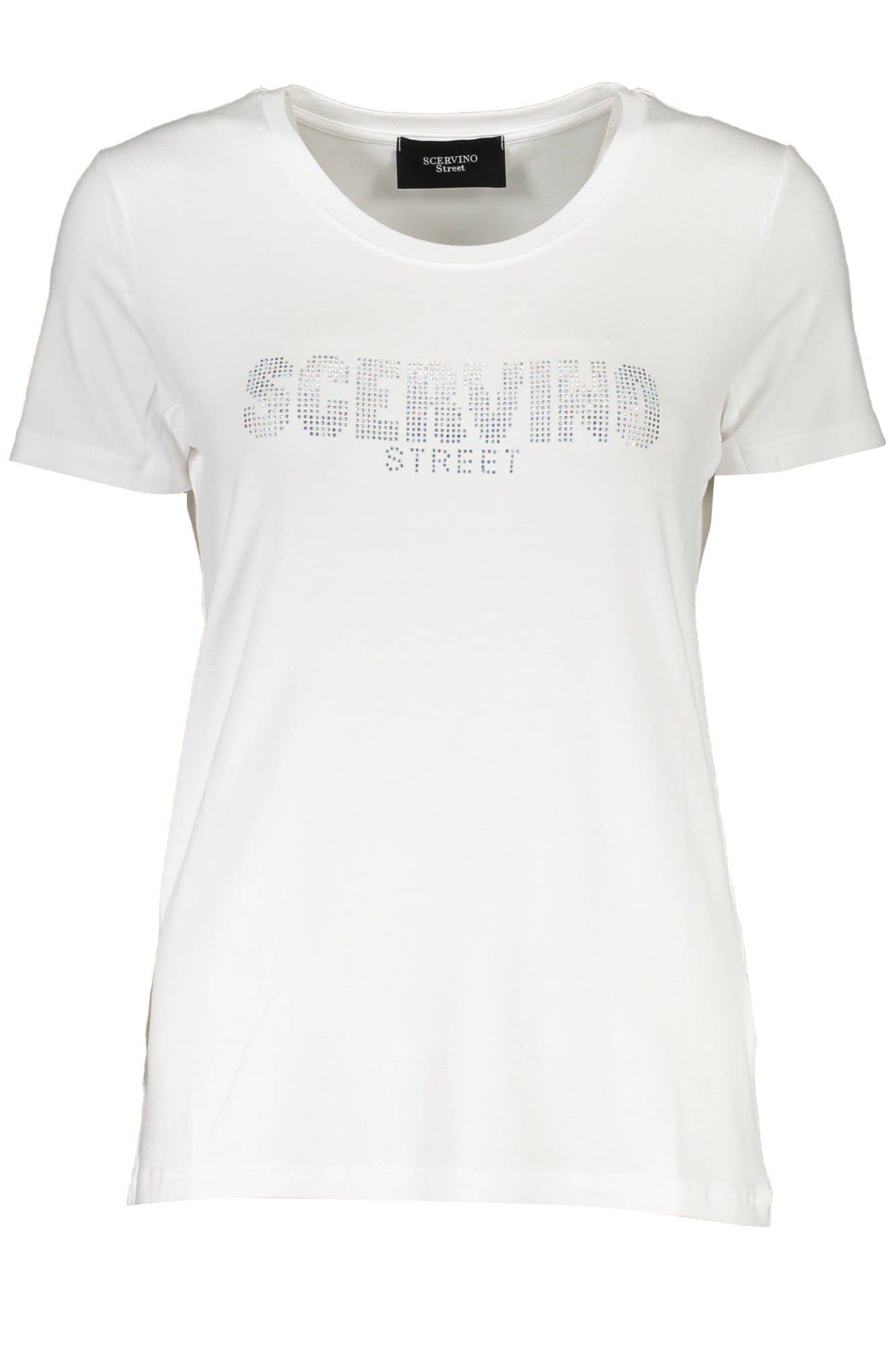 D38TL0700-TDS001_BIANCO_SC001-BIANCO – Weißes Damen T-Shirt: Eleganz mit Glitzersteinen & weitem Ausschnitt – Größe: XS – Farbe: Bianco