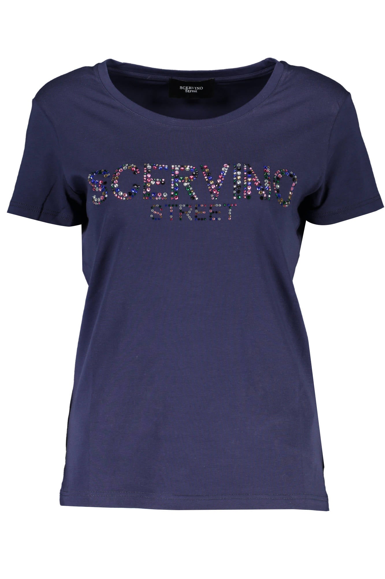 D38TL1099-TSD010_BLU_SC006-INDACO – Damen T-Shirt Blau mit Glitzersteinen und Rundhals - Kurzarm – Größe: XS – Farbe: Blu
