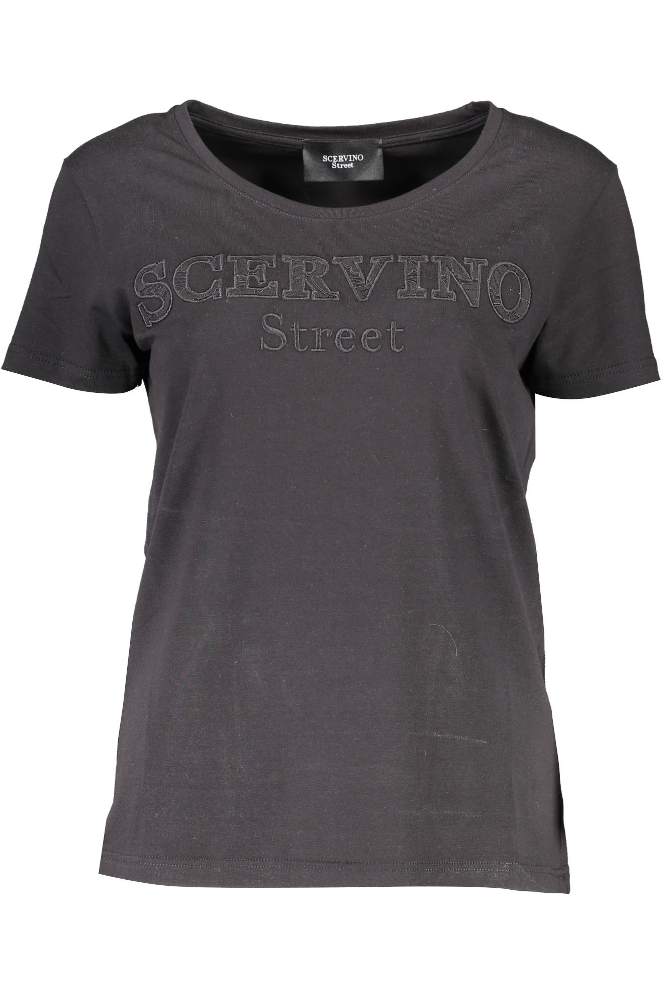 D38TL0699-TSD006_NERO_SC002-NERO – Damen Kurzarm-T-Shirt Schwarz mit Stickerei und Kontrastdetails – Größe: XS – Farbe: Nero