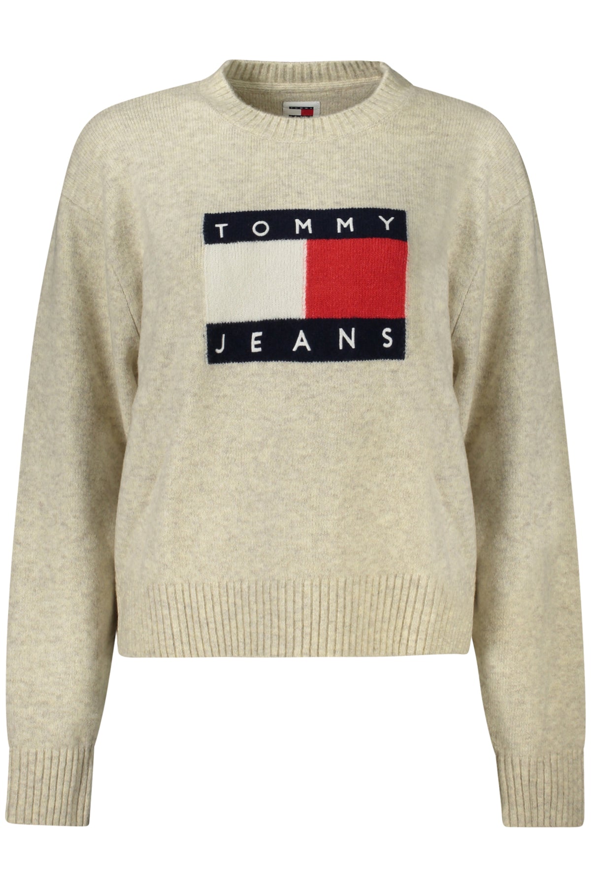 DW0DW18681_BEHCV – Beiger Damenpullover mit Rundhals, Kontrastdetails & Stickerei – Größe: L, XS, S, M, XL – Farbe: Beige