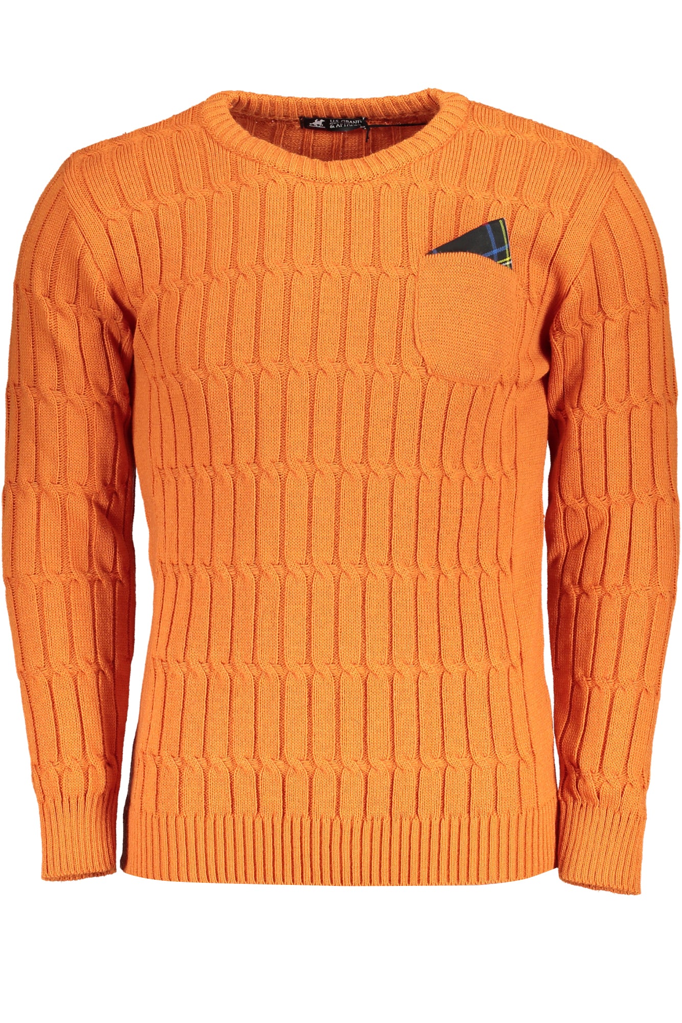 USTR954_ARMATTONE – Herrenpullover Orange: Zopfmuster, Rundhals, Kontrastdetails, Tasche – Größe: M, L, XL, 2XL – Farbe: Arancione