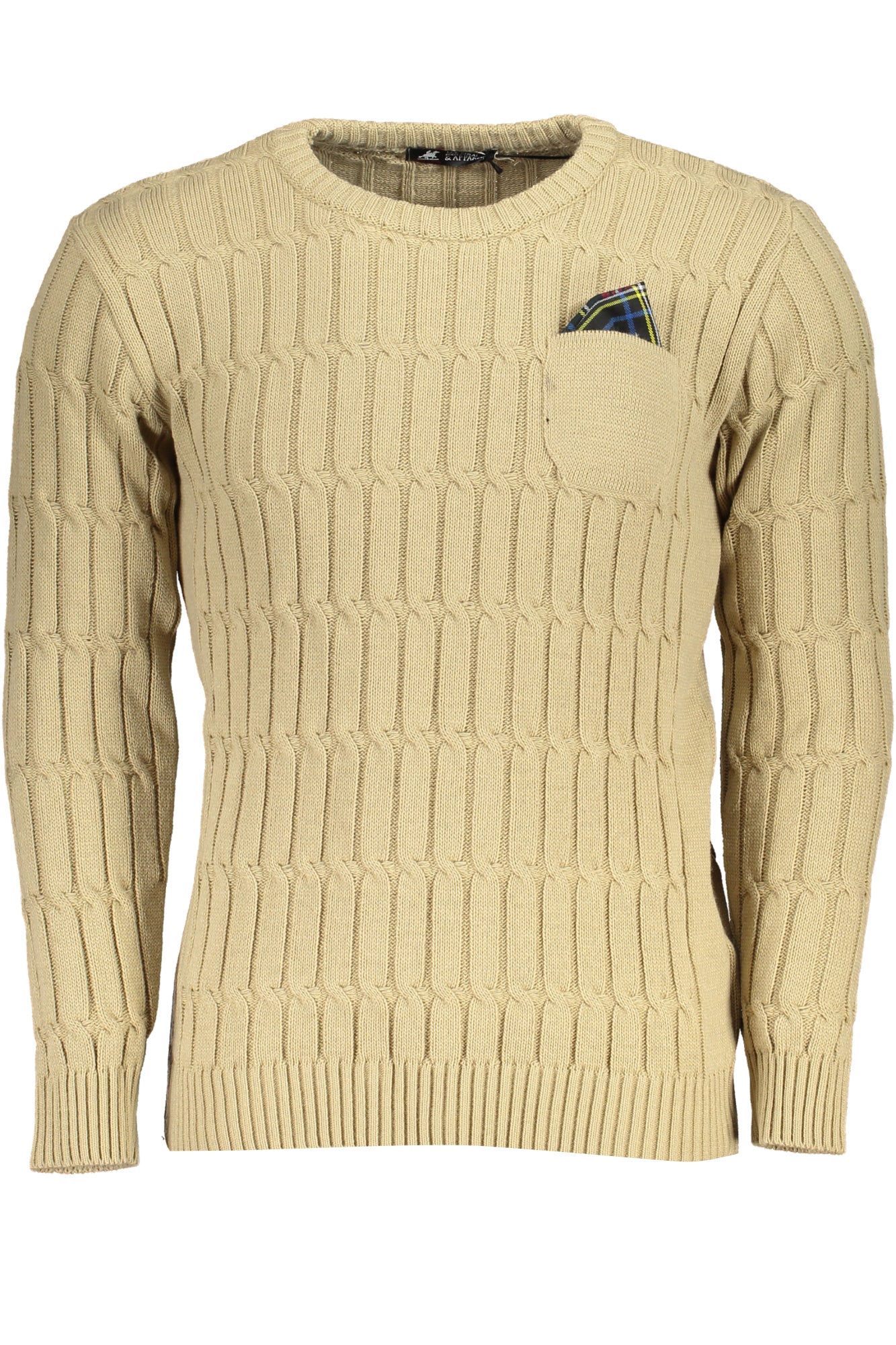 USTR954_BESABBIA – Beiger Herrenpullover mit Zopfmuster und Tasche – Stilvoll & Elegant – Größe: M, XL, 2XL, L – Farbe: Beige