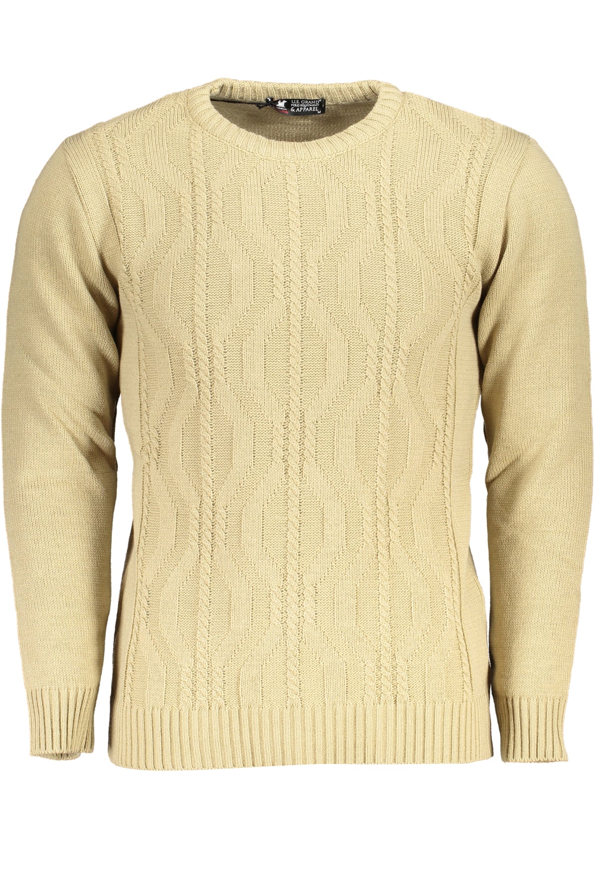 USTR957_BESABBIA – Eleganter beigener Herrenpullover - Zopfmuster & Kontrastdetails – Größe: M, L, XL, 2XL – Farbe: Beige