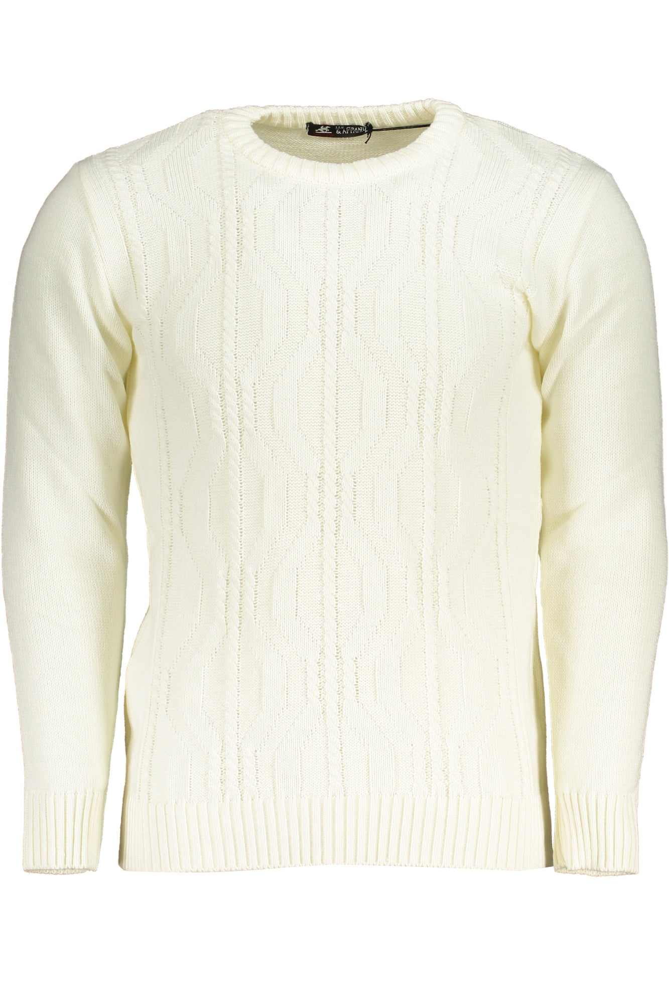USTR957_BIPANNA – Moderner Herrenpullover: Weißer Rundhals mit Zopfmuster & Details – Größe: M, L, XL, 2XL – Farbe: Bianco