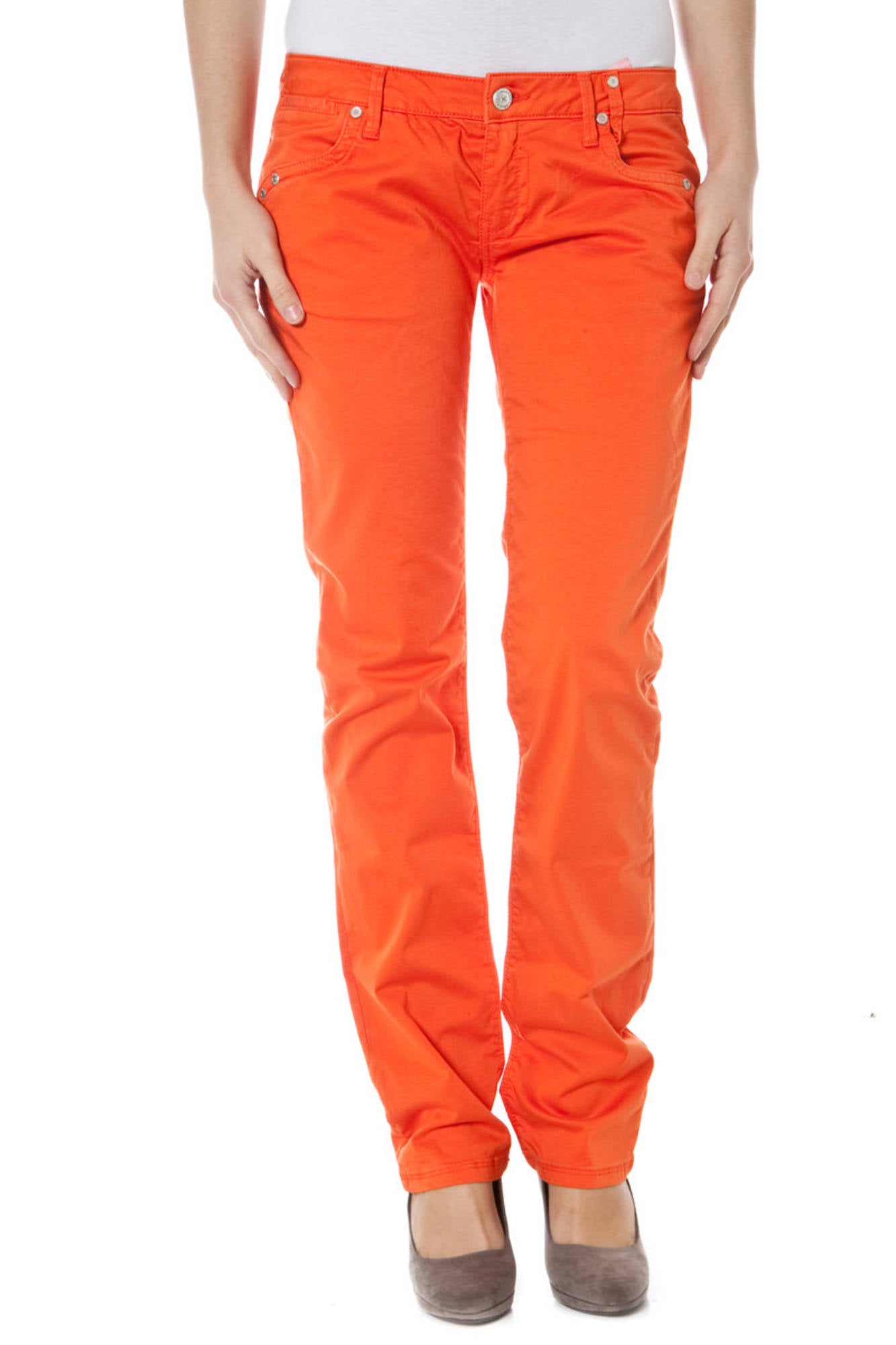 Z170305057964U-BASIC-BURLA_ARANCIO_3306 – Trendige Damenhose in Orange: 7 Taschen, Schlanker Schnitt, Low Waist – Größe: 24, 31 – Farbe: Arancione