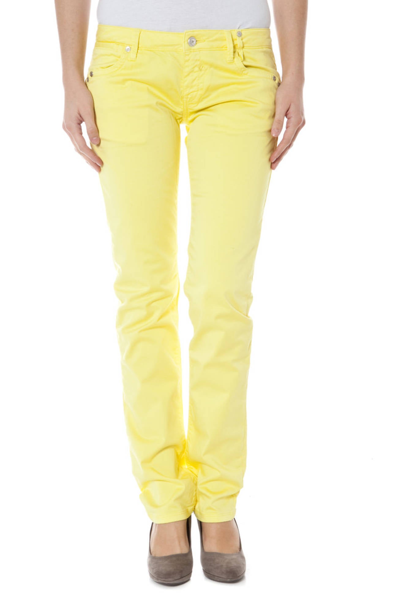 Z170305057964U-BASIC-BURLA_GIALLO_3224 – Gelbe Damenhose: Niedrige Taille, 7 Taschen, schmales Bein – Größe: 26, 31 – Farbe: Giallo